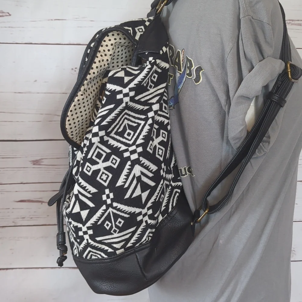 Vintage Y2K Aztec Madden Girl Black‎ and White Faux Leather Boho Tribal Backpack